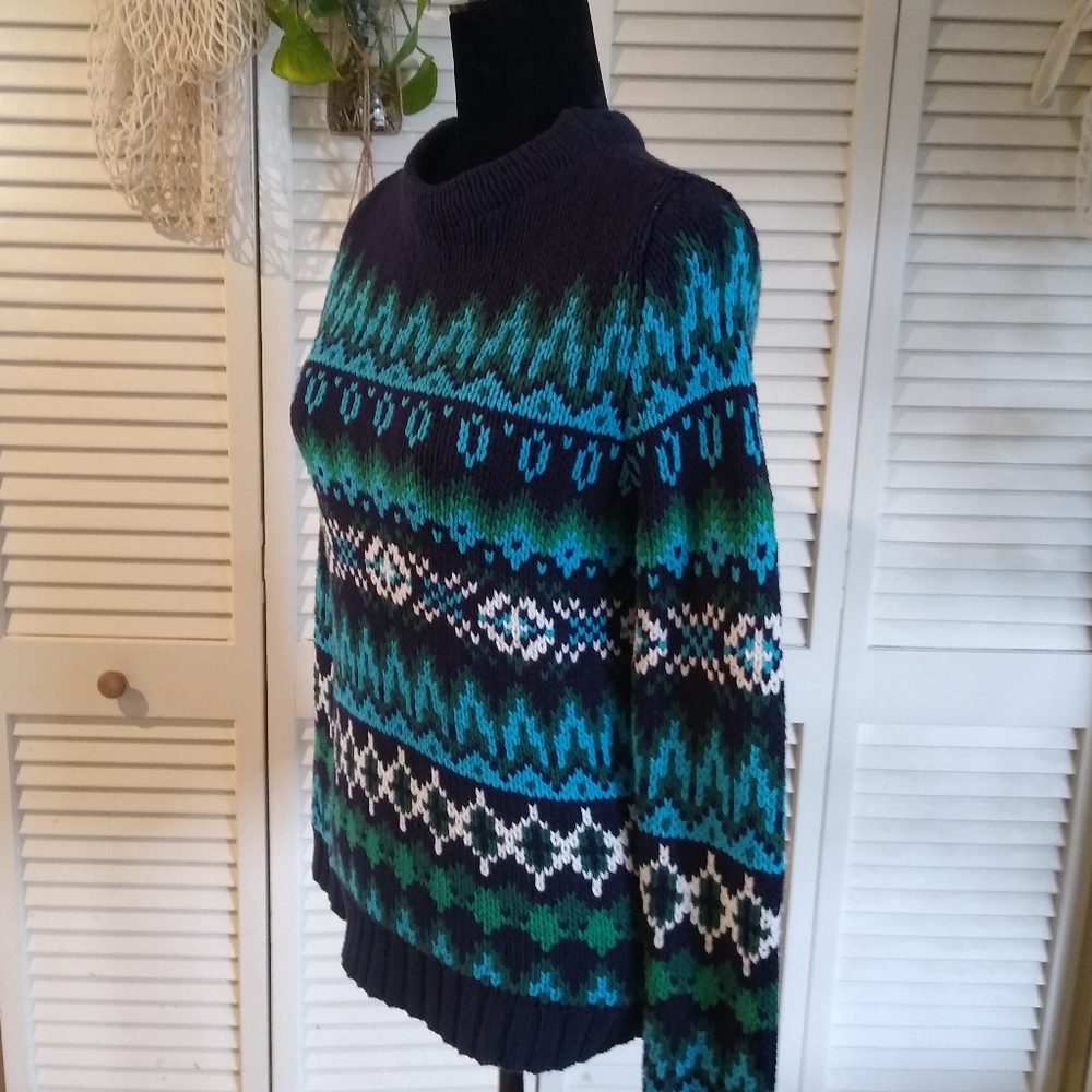 Talbots Petite Knit Sweater Navy Blue Green Patterned Cotton Blend Pullover. - Picture 2 of 7